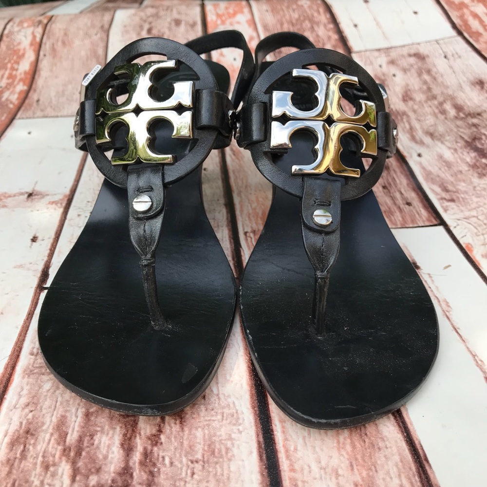 Tory Burch Black Sandals with Gold Accents - Picture 2 of 6